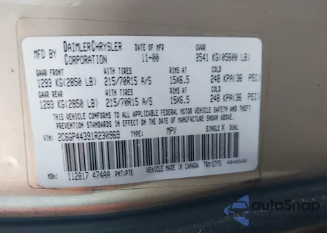 2001 Chrysler Town & Country Lx z USA, uszkodzony, nr VIN 2C8GP44391R230969